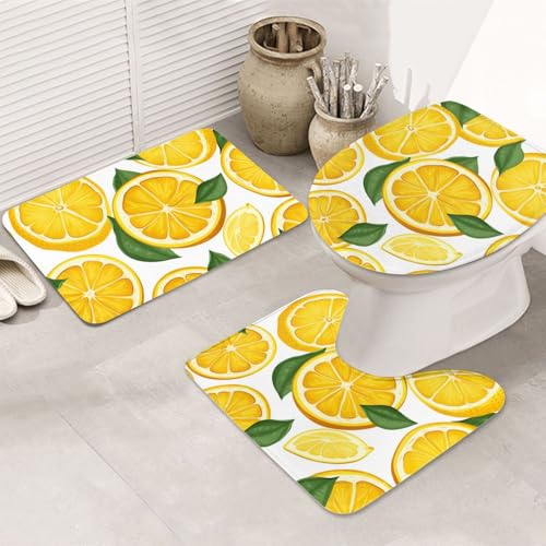Badezimmerteppich-Set mit Zitronenfrucht-Muster, U-förmige WC-Bodenmatte + rutschfeste Mikrofaser-Badematten + WC-Deckelbezug, weich, saugfähig, Badteppich, Teppich für Heimdekoration Badezimmerteppich-Set mit Zitronenfrucht-Muster, U-förmige WC-Bodenmatte + rutschfeste Mikrofaser-Badematten + WC-Deckelbezug, weich, saugfähig, Badteppich, Teppich für Heimdekoration von LHBWCVN