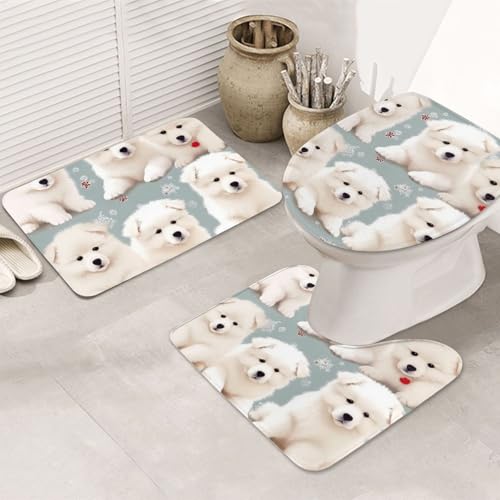 Badezimmerteppich-Set mit kleinen weißen Hunden, U-förmige WC-Bodenmatte + rutschfeste Mikrofaser-Badematten + WC-Deckelbezug, weich, saugfähig, Badteppich, Teppich für Heimdekoration Badezimmerteppich-Set mit kleinen weißen Hunden, U-förmige WC-Bodenmatte + rutschfeste Mikrofaser-Badematten + WC-Deckelbezug, weich, saugfähig, Badteppich, Teppich für Heimdekoration von LHBWCVN