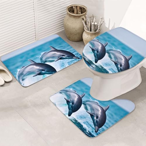 Badezimmerteppich-Set mit süßem Delfin, U-förmige WC-Bodenmatte + rutschfeste Mikrofaser-Badematten + WC-Deckelbezug, weich, saugfähig, Badteppich, Teppich für Heimdekoration von LHBWCVN