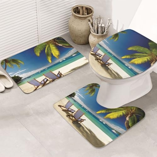 Badteppich-Set, Motiv: Strandpalme, Stühle, Boote, 3-teilig, U-förmige WC-Bodenmatte + rutschfeste Mikrofaser-Badematten + WC-Deckelbezug, weich, saugfähig, Badteppich, Teppich für Heimdekoration von LHBWCVN
