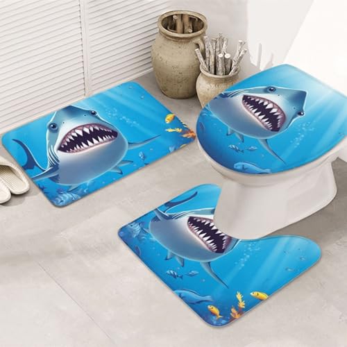 Badteppich-Set, Motiv: lächelnder Hai, U-förmige WC-Bodenmatte + rutschfeste Mikrofaser-Badematten + WC-Deckelbezug, weich, saugfähig, Badteppich, Teppich für Heimdekoration Badteppich-Set, Motiv: lächelnder Hai, U-förmige WC-Bodenmatte + rutschfeste Mikrofaser-Badematten + WC-Deckelbezug, weich, saugfähig, Badteppich, Teppich für Heimdekoration von LHBWCVN