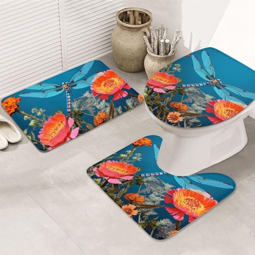 Badteppich-Set mit Libellen- und Blumenmotiv, U-förmige WC-Bodenmatte + rutschfeste Mikrofaser-Badematten + WC-Deckelbezug, weich, saugfähig, Badteppich, Teppich für Heimdekoration Badteppich-Set mit Libellen- und Blumenmotiv, U-förmige WC-Bodenmatte + rutschfeste Mikrofaser-Badematten + WC-Deckelbezug, weich, saugfähig, Badteppich, Teppich für Heimdekoration von LHBWCVN