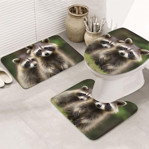 Badteppich-Set mit niedlichem Waschbär-Design, U-förmige WC-Bodenmatte + rutschfeste Mikrofaser-Badematten + WC-Deckelbezug, weich, saugfähig, Badteppich, Teppich für Heimdekoration von LHBWCVN