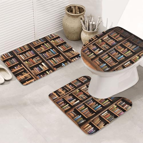 Bibliotheks-Bücherregal-Badezimmerteppich-Set, U-förmige WC-Bodenmatte + rutschfeste Mikrofaser-Badematten + WC-Deckelbezug, weich, saugfähig, Badteppich, Teppich für Heimdekoration von LHBWCVN