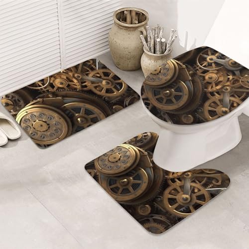 Cool Steampunk Gears Badezimmerteppich-Set, U-förmige WC-Bodenmatte + rutschfeste Mikrofaser-Badematten + WC-Deckelbezug, weich, saugfähig, Badteppich, Teppich für Heimdekoration Cool Steampunk Gears Badezimmerteppich-Set, U-förmige WC-Bodenmatte + rutschfeste Mikrofaser-Badematten + WC-Deckelbezug, weich, saugfähig, Badteppich, Teppich für Heimdekoration von LHBWCVN