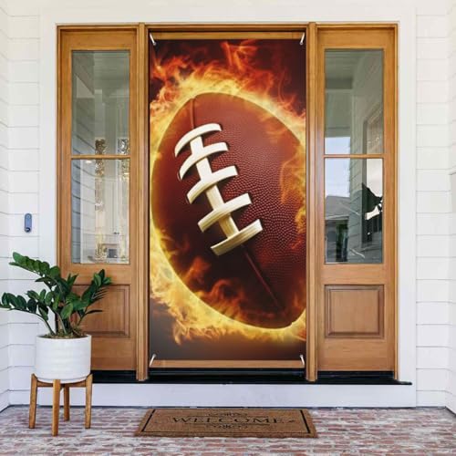Flaming American Football Türabdeckung Dekorationen, Willkommens-Türbanner Hintergrund saisonaler Frühling Sommer Veranda Banner Schild Foto Hintergrund für drinnen und draußen Party Dekor 183 x 80 cm von LHBWCVN