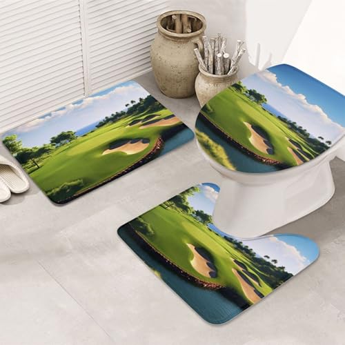 Golfplatz-Badezimmerteppich-Set, U-förmige WC-Bodenmatte + rutschfeste Mikrofaser-Badematten + WC-Deckelbezug, weich, saugfähig, Badteppich, Teppich für Heimdekoration Golfplatz-Badezimmerteppich-Set, U-förmige WC-Bodenmatte + rutschfeste Mikrofaser-Badematten + WC-Deckelbezug, weich, saugfähig, Badteppich, Teppich für Heimdekoration von LHBWCVN