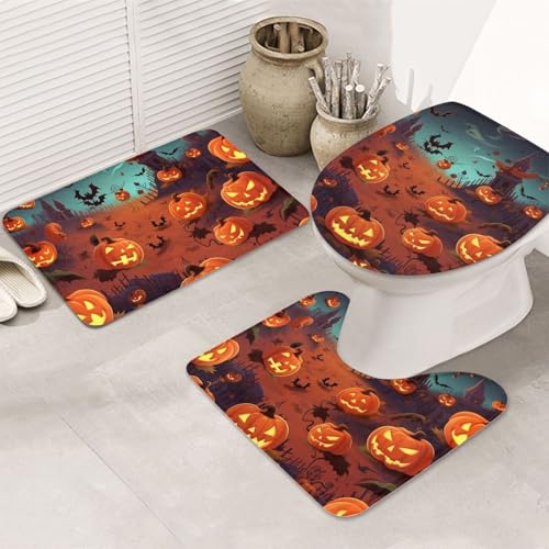 Halloween-Badezimmerteppich-Set, 3-teilig, U-förmige WC-Bodenmatte + rutschfeste Mikrofaser-Badematten + WC-Deckelbezug, weich, saugfähig, Badteppich, Teppich für Heimdekoration Halloween-Badezimmerteppich-Set, 3-teilig, U-förmige WC-Bodenmatte + rutschfeste Mikrofaser-Badematten + WC-Deckelbezug, weich, saugfähig, Badteppich, Teppich für Heimdekoration von LHBWCVN