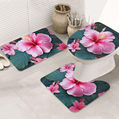 Hawaii-Blumen-Badezimmerteppich-Set, 3-teilig, U-förmige WC-Bodenmatte + rutschfeste Mikrofaser-Badematten + WC-Deckelbezug, weich, saugfähig, Badteppich, Teppich für Heimdekoration Hawaii-Blumen-Badezimmerteppich-Set, 3-teilig, U-förmige WC-Bodenmatte + rutschfeste Mikrofaser-Badematten + WC-Deckelbezug, weich, saugfähig, Badteppich, Teppich für Heimdekoration von LHBWCVN
