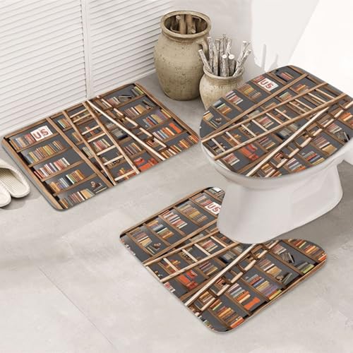 Lustige Bücherregal-Kollektion und Leiter Badezimmerteppich-Set, U-förmige WC-Bodenmatte + rutschfeste Mikrofaser-Badematten + WC-Deckelbezug, weich, saugfähig, Badteppich, Teppich für Heimdekoration von LHBWCVN