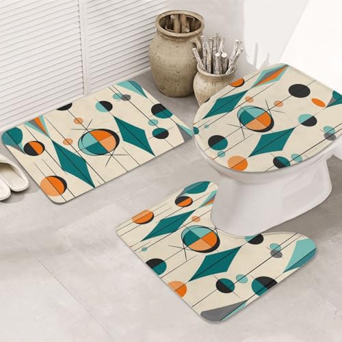 Mid Century Geometrisches Badezimmerteppich-Set, 3-teilig, U-förmige WC-Bodenmatte + rutschfeste Mikrofaser-Badematten + WC-Deckelbezug, weich, saugfähig, Badteppich, Teppich für Heimdekoration Mid Century Geometrisches Badezimmerteppich-Set, 3-teilig, U-förmige WC-Bodenmatte + rutschfeste Mikrofaser-Badematten + WC-Deckelbezug, weich, saugfähig, Badteppich, Teppich für Heimdekoration von LHBWCVN