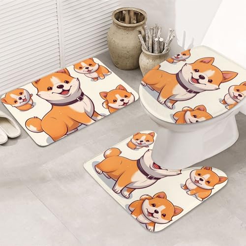 Niedliches Shiba Inu Hunde-Badezimmerteppich-Set, U-förmige WC-Bodenmatte + rutschfeste Mikrofaser-Badematten + WC-Deckelbezug, weich, saugfähig, Badteppich, Teppich für Heimdekoration Niedliches Shiba Inu Hunde-Badezimmerteppich-Set, U-förmige WC-Bodenmatte + rutschfeste Mikrofaser-Badematten + WC-Deckelbezug, weich, saugfähig, Badteppich, Teppich für Heimdekoration von LHBWCVN