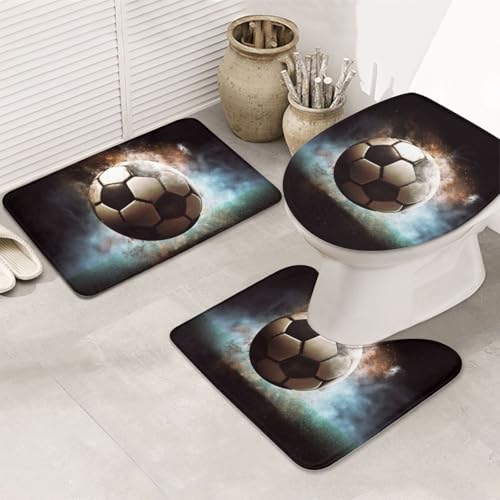 Sport-Fußball-Badezimmerteppich-Set, U-förmige WC-Bodenmatte + rutschfeste Mikrofaser-Badematten + WC-Deckelbezug, weich, saugfähig, Badteppich, Teppich für Heimdekoration von LHBWCVN
