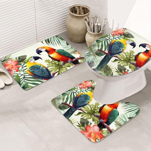 Toucans Badezimmerteppich-Set, Motiv: Papageien, Palme, Blätter, U-Form, WC-Bodenmatte, rutschfeste Mikrofaser-Badematten + WC-Deckelbezug, weich, saugfähig, Badteppich, Teppich für Heimdekoration Toucans Badezimmerteppich-Set, Motiv: Papageien, Palme, Blätter, U-Form, WC-Bodenmatte, rutschfeste Mikrofaser-Badematten + WC-Deckelbezug, weich, saugfähig, Badteppich, Teppich für Heimdekoration von LHBWCVN