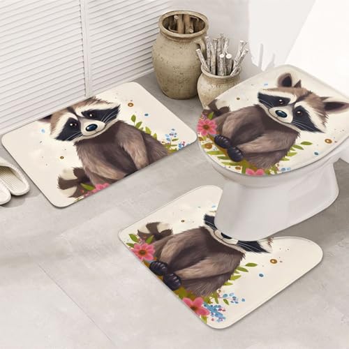 Waschbär-Badezimmerteppich-Set, U-förmige WC-Bodenmatte + rutschfeste Mikrofaser-Badematten + WC-Deckelbezug, weich, saugfähig, Badteppich, Teppich für Heimdekoration von LHBWCVN