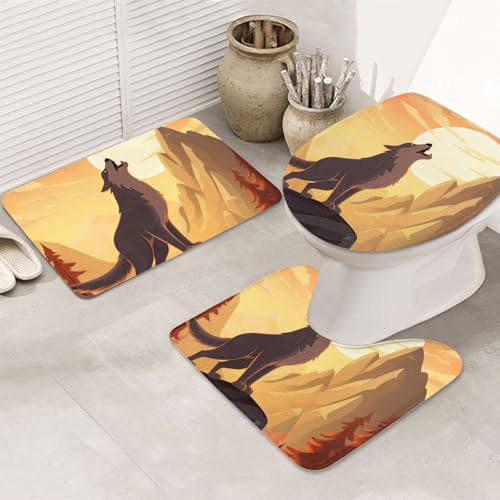 Wolf Badezimmerteppich-Set, U-förmige WC-Bodenmatte + rutschfeste Mikrofaser-Badematten + WC-Deckelbezug, weich, saugfähig, Badteppich, Teppich für Heimdekoration von LHBWCVN