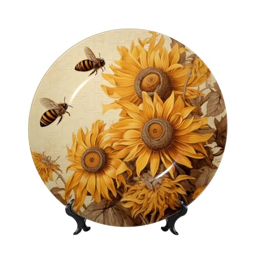 LHCVSFGW Dekorativer Teller aus Knochenporzellan, Bienen und Sonnenblumen, Keramik, dekorativer Teller mit Präsentationsständer, runde Speiseteller, 17,8 cm, hängende Keramikornamente, Kunsthandwerk LHCVSFGW Dekorativer Teller aus Knochenporzellan, Bienen und Sonnenblumen, Keramik, dekorativer Teller mit Präsentationsständer, runde Speiseteller, 17,8 cm, hängende Keramikornamente, Kunsthandwerk von LHCVSFGW