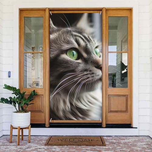 Türabdeckung, saisonales Veranda-Türschild, Türbanner graue Katze mit grünen Augen, Frühlings-Willkommens-Haustürabdeckungen, große Veranda, Banner, Dekoration, Party-Hintergrund, Dekoration für von LHCVSFGW