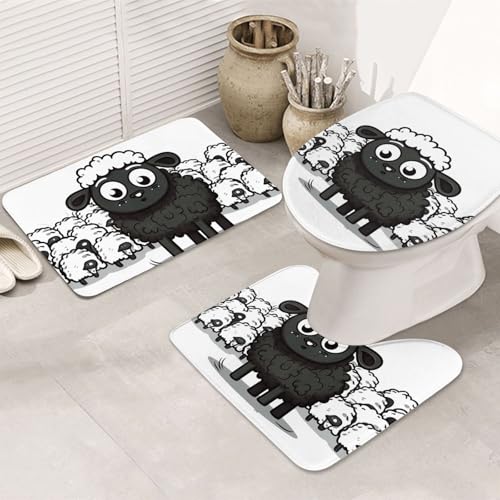 Badezimmerteppich-Set mit Cartoon-Schafen, 3-teilig, rutschfeste Duschmatten mit U-förmiger Kontur-WC-Matte, saugfähige Mikrofaser, waschbar, Badezimmer-Fußmatten für Badewanne, Duschraum, Dekor von LHDGBNV