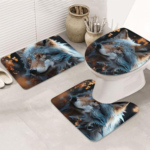 Badezimmerteppich-Set mit Herbstblättern und einem Wolf, rutschfeste Duschmatten mit U-förmiger Kontur-WC-Matte, saugfähige Mikrofaser, waschbar, Badezimmer-Fußmatten für Badewanne, Dusche von LHDGBNV