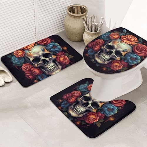 Badezimmerteppich-Set mit Totenkopf-Motiv umgeben von Blumen, 3-teilig, rutschfeste Duschmatten mit U-förmiger Kontur, WC-Vorleger, saugfähige Mikrofaser, waschbar, Badezimmer-Fußmatten für Badewanne von LHDGBNV