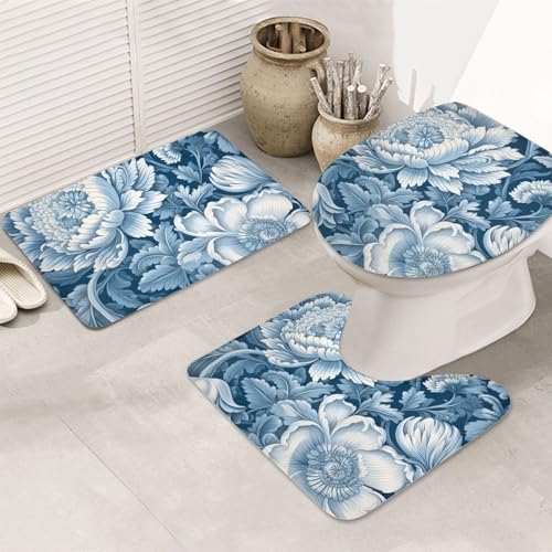 Badezimmerteppich-Set mit blau-weißem Blumenmuster, 3-teilig, rutschfeste Duschmatten mit U-förmiger Kontur, WC-Vorleger, saugfähige Mikrofaser, waschbar, Badezimmer-Fußmatten für Badewanne, Duschraum Badezimmerteppich-Set mit blau-weißem Blumenmuster, 3-teilig, rutschfeste Duschmatten mit U-förmiger Kontur, WC-Vorleger, saugfähige Mikrofaser, waschbar, Badezimmer-Fußmatten für Badewanne, Duschraum von LHDGBNV