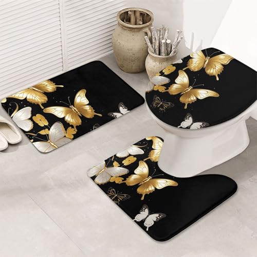 Badezimmerteppich-Set mit goldfarbenen weißen Schmetterlingen, schwarz, 3-teilig, rutschfeste Duschmatten mit U-förmiger Kontur, WC-Vorleger, saugfähige Mikrofaser, waschbar, Badezimmer-Fußmatten für Badezimmerteppich-Set mit goldfarbenen weißen Schmetterlingen, schwarz, 3-teilig, rutschfeste Duschmatten mit U-förmiger Kontur, WC-Vorleger, saugfähige Mikrofaser, waschbar, Badezimmer-Fußmatten für von LHDGBNV