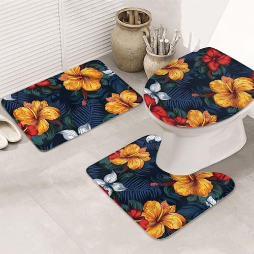 Badezimmerteppich-Set mit realistischen hawaiianischen Blumen, 3-teilig, rutschfeste Duschmatten mit U-förmiger Kontur, WC-Vorleger, saugfähige Mikrofaser, waschbare Badezimmer-Fußmatten für Badewanne Badezimmerteppich-Set mit realistischen hawaiianischen Blumen, 3-teilig, rutschfeste Duschmatten mit U-förmiger Kontur, WC-Vorleger, saugfähige Mikrofaser, waschbare Badezimmer-Fußmatten für Badewanne von LHDGBNV