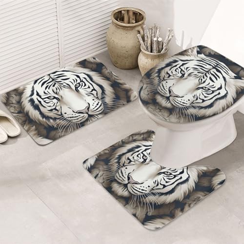 Badezimmerteppich-Set mit weißem Tigerkopfmuster, 3-teilig, rutschfeste Duschmatten mit U-förmiger Kontur-WC-Vorleger, saugfähige Mikrofaser, waschbare Badezimmer-Fußmatten für Badewanne, Duschraum Badezimmerteppich-Set mit weißem Tigerkopfmuster, 3-teilig, rutschfeste Duschmatten mit U-förmiger Kontur-WC-Vorleger, saugfähige Mikrofaser, waschbare Badezimmer-Fußmatten für Badewanne, Duschraum von LHDGBNV