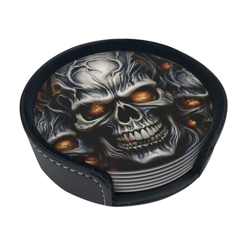Cool Evil Skull Untersetzer aus Leder, wasserdicht, isoliert, mit Ständer, rutschfest, für Auto, Heim- und Küchendekoration, 6 Stück von LHDGBNV