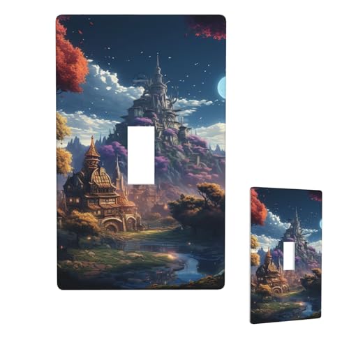 Dekorative Lichtschalter-Abdeckung, 1-Gang-Wandplatte, Fantasy-Stadt, Einzel-Kipp-Wandplatte, elektrische Schalterplatte, Steckdosenblende für Zuhause, Schlafzimmer, Kunstdekoration, 11,4 x 7 cm von LHDGBNV