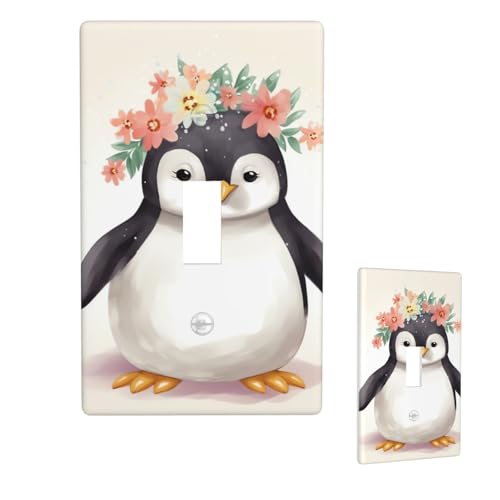 Dekorative Lichtschalter-Abdeckung, 1-Gang-Wandplatte, Pinguin mit Blumen, Einzel-Kipp-Wandplatte, elektrische Schalterplatte, Steckdosenblende für Zuhause, Schlafzimmer, Kunstdekoration, 11,4 x 7 cm von LHDGBNV