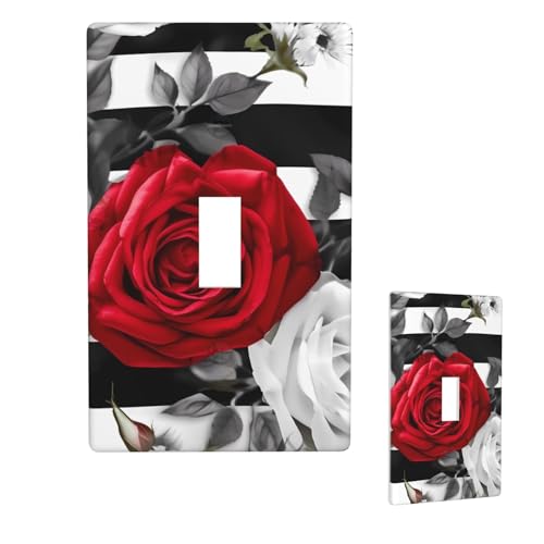 Dekorative Lichtschalter-Abdeckung, 1-Gang-Wandplatte, schwarz-weiße Streifen, rote Rose, Blumen, einzelne Kipp-Wandplatte, elektrische Schalterplatte, Steckdosenblende für Zuhause, Schlafzimmer von LHDGBNV