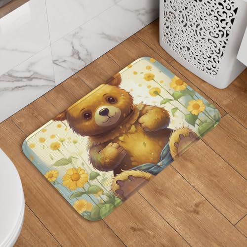 Fußmatte mit Blume und Bär, rutschfest, saugfähig, weich, waschbar, Bodenmatte, moderner Teppich für stilvolle Küche, Schlafzimmer, Badezimmer, Dekoration, 40,6 x 61 cm von LHDGBNV