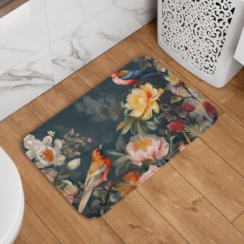 Fußmatte mit Blumen und Vögeln, rutschfest, saugfähig, weich, waschbar, Bodenmatte, moderner Teppich für stilvolle Küche, Schlafzimmer, Badezimmer, Dekoration, 40,6 x 61 cm von LHDGBNV