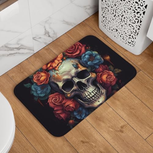 Fußmatte mit Totenkopf-Motiv umgeben von Blumen, rutschfest, saugfähig, Badteppich, weich, waschbar, Bodenmatte, moderner Teppich für stilvolle Küche, Schlafzimmer, Badezimmer, Dekoration, 40,6 x 61 von LHDGBNV
