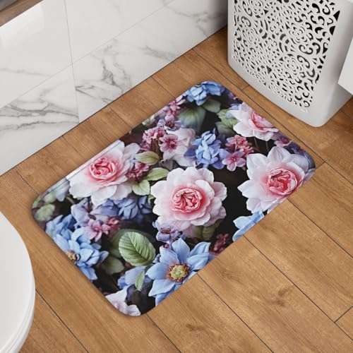 Fußmatte mit blauen und rosa Blumen, rutschfest, saugfähig, weich, waschbar, Bodenmatte, moderner Teppich für stilvolle Küche, Schlafzimmer, Badezimmer, Dekoration, 40,6 x 61 cm von LHDGBNV