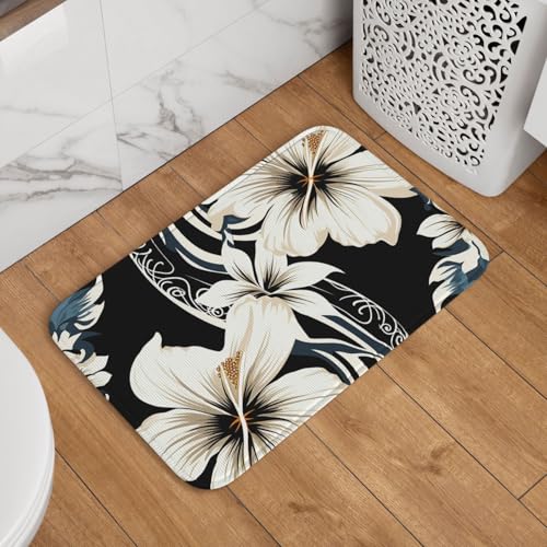 Fußmatte mit hawaiianischen Blumen, rutschfest, saugfähig, weich, waschbar, Bodenmatte, moderner Teppich für stilvolle Küche, Schlafzimmer, Badezimmer, Dekoration, 40,6 x 61 cm, Schwarz und Weiß von LHDGBNV
