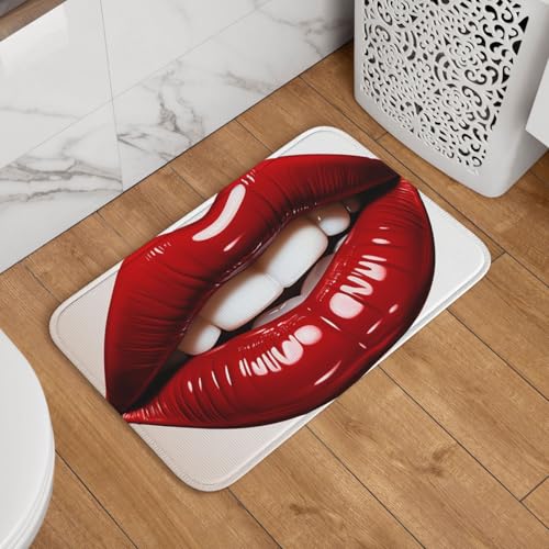 Fußmatte mit niedlicher Grafik, rote Lippen, rutschfest, saugfähig, Badteppich, weich, waschbar, Bodenmatte, moderner Teppich für stilvolle Küche, Schlafzimmer, Badezimmer, Dekoration, 40,6 x 61 cm Fußmatte mit niedlicher Grafik, rote Lippen, rutschfest, saugfähig, Badteppich, weich, waschbar, Bodenmatte, moderner Teppich für stilvolle Küche, Schlafzimmer, Badezimmer, Dekoration, 40,6 x 61 cm von LHDGBNV