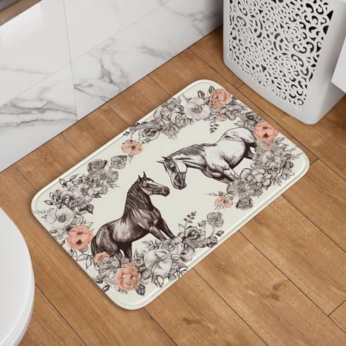 Handgezeichnete Fußmatte mit Blumen und Pferden, rutschfest, saugfähig, Badteppich, weich, waschbar, Bodenmatte, moderner Teppich für stilvolle Küche, Schlafzimmer, Badezimmer, Dekoration, 40,6 x 61 von LHDGBNV