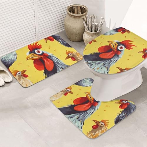 LHDGBNV Art Chicken Painting Badezimmerteppich-Set – 3-teiliges rutschfeste Duschmatten mit U-förmiger Kontur-WC-Vorleger, saugfähige Mikrofaser, waschbare Badezimmer-Fußmatten für Badewanne von LHDGBNV