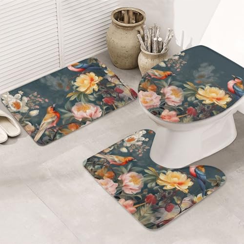 LHDGBNV Badezimmerteppich-Set mit Blumen und Vögeln – 3-teiliges rutschfeste Duschmatten mit U-förmiger Kontur, WC-Vorleger, saugfähige Mikrofaser, waschbare Badezimmer-Fußmatten für Badewanne LHDGBNV Badezimmerteppich-Set mit Blumen und Vögeln – 3-teiliges rutschfeste Duschmatten mit U-förmiger Kontur, WC-Vorleger, saugfähige Mikrofaser, waschbare Badezimmer-Fußmatten für Badewanne von LHDGBNV