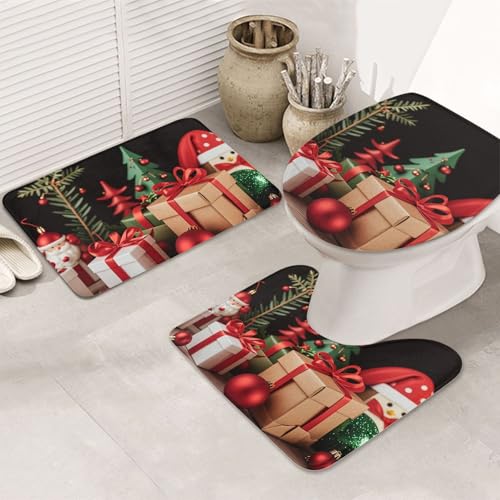 LHDGBNV Badezimmerteppich-Set mit Weihnachtsdekoration, 3-teilig, rutschfeste Duschmatten mit U-förmiger Kontur, WC-Vorleger, saugfähige Mikrofaser, waschbar, Badezimmer-Fußmatten für Badewanne von LHDGBNV