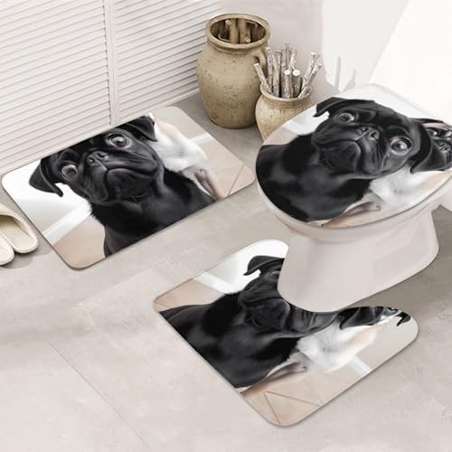 LHDGBNV Badezimmerteppich-Set mit niedlichem Mops-Motiv, rutschfest, U-förmig, WC-Vorleger, saugfähige Mikrofaser, waschbar, Badezimmer-Fußmatten für Badewanne, Duschraum, Dekor LHDGBNV Badezimmerteppich-Set mit niedlichem Mops-Motiv, rutschfest, U-förmig, WC-Vorleger, saugfähige Mikrofaser, waschbar, Badezimmer-Fußmatten für Badewanne, Duschraum, Dekor von LHDGBNV