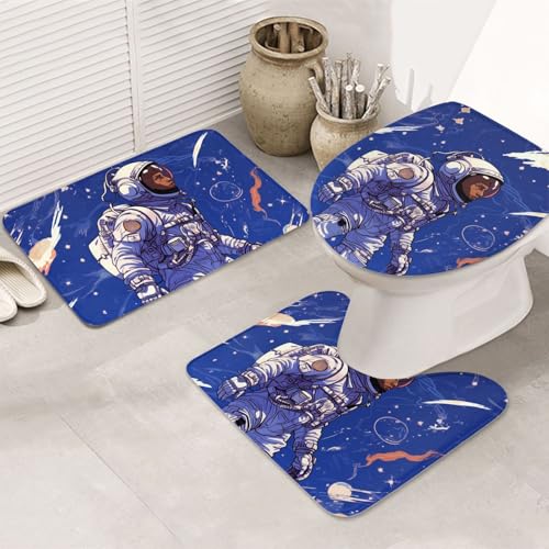 LHDGBNV Badezimmerteppich-Set mit schwarzem Astronaut auf blauem Hintergrund, 3-teilig, rutschfeste Duschmatten mit U-förmiger Kontur, WC-Vorleger, saugfähige Mikrofaser, waschbar von LHDGBNV