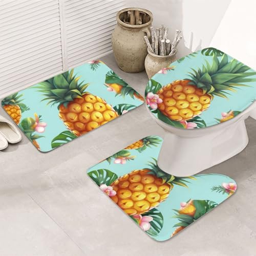 LHDGBNV Badezimmerteppich-Set mit tropischer Ananas-Motiv, rutschfeste Duschmatten mit U-förmiger Kontur, WC-Vorleger, saugfähige Mikrofaser, waschbar, Badezimmer-Fußmatten für Badewanne, Duschraum von LHDGBNV