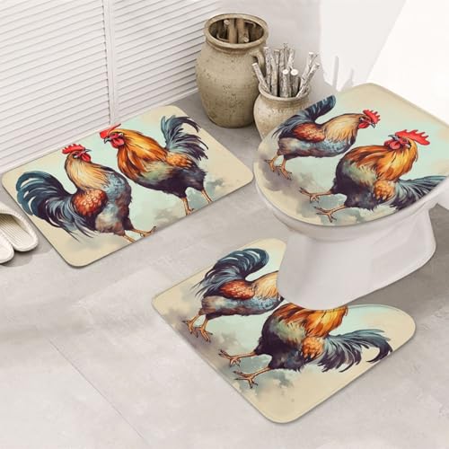 LHDGBNV Badteppich-Set mit Hahn und Henne – 3-teiliges rutschfeste Duschmatten mit U-förmiger Kontur-WC-Vorleger, saugfähige Mikrofaser, waschbare Badezimmer-Fußmatten für Badewanne, Duschraum, Dekor von LHDGBNV