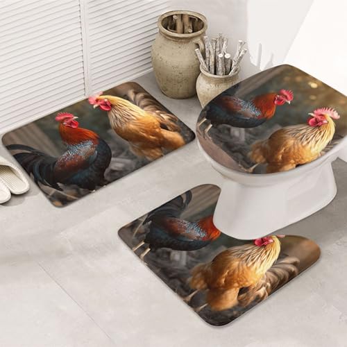LHDGBNV Badteppich-Set mit Hahn und Huhn, rutschfeste Duschmatten mit U-förmiger Kontur, WC-Vorleger, saugfähige Mikrofaser, waschbar, Badezimmer-Fußmatten für Badewanne, Duschraum, Dekor LHDGBNV Badteppich-Set mit Hahn und Huhn, rutschfeste Duschmatten mit U-förmiger Kontur, WC-Vorleger, saugfähige Mikrofaser, waschbar, Badezimmer-Fußmatten für Badewanne, Duschraum, Dekor von LHDGBNV