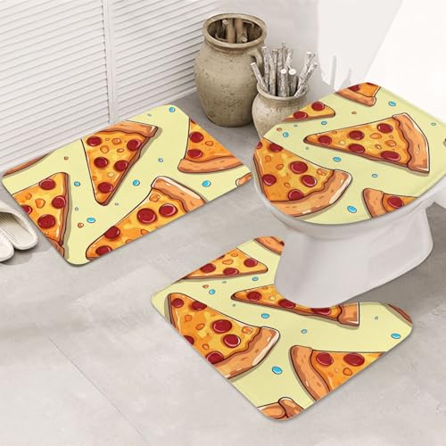 LHDGBNV Badteppich-Set mit Pizzastücken-Muster, 3-teilig, rutschfeste Duschmatten mit U-förmiger Kontur, WC-Vorleger, saugfähige Mikrofaser, waschbare Badezimmer-Fußmatten für Badewanne, Duschraum von LHDGBNV