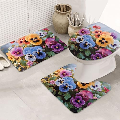 LHDGBNV Badteppich-Set mit Stiefmütterchen-Blumenmotiv, rutschfeste Duschmatten mit U-förmiger Kontur, WC-Vorleger, saugfähige Mikrofaser, waschbar, Badezimmer-Fußmatten für Badewanne, Duschraum LHDGBNV Badteppich-Set mit Stiefmütterchen-Blumenmotiv, rutschfeste Duschmatten mit U-förmiger Kontur, WC-Vorleger, saugfähige Mikrofaser, waschbar, Badezimmer-Fußmatten für Badewanne, Duschraum von LHDGBNV